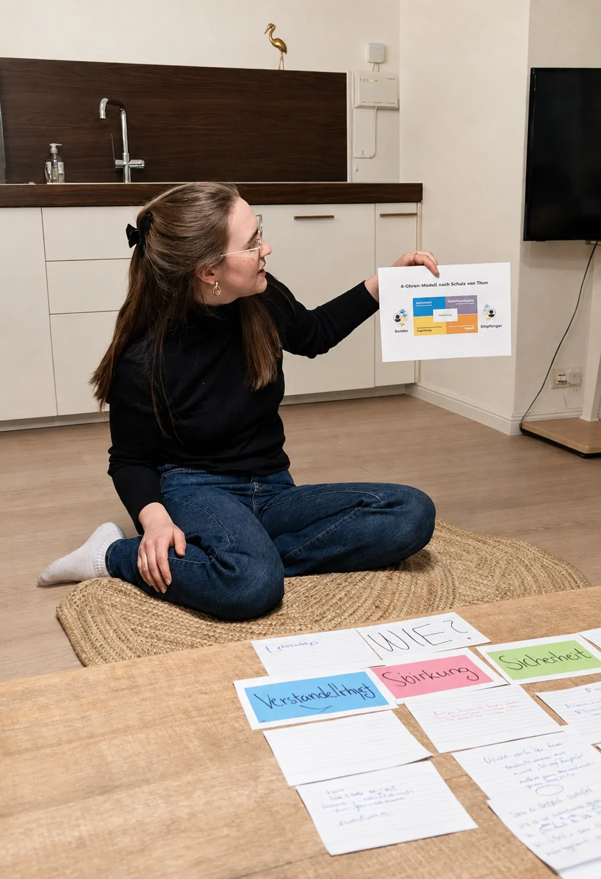 Pauline erkl&auml;rt ein Kommunikationsmodell und zeigt auf ein Arbeitsblatt